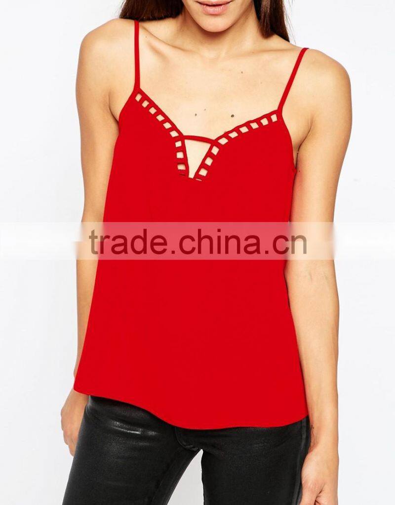 2016 Guangzhou Shandao Wholesale High Fashion New Summer Sexy Spaghetti Strap Red Loose Chiffon XL Size Ladies Top