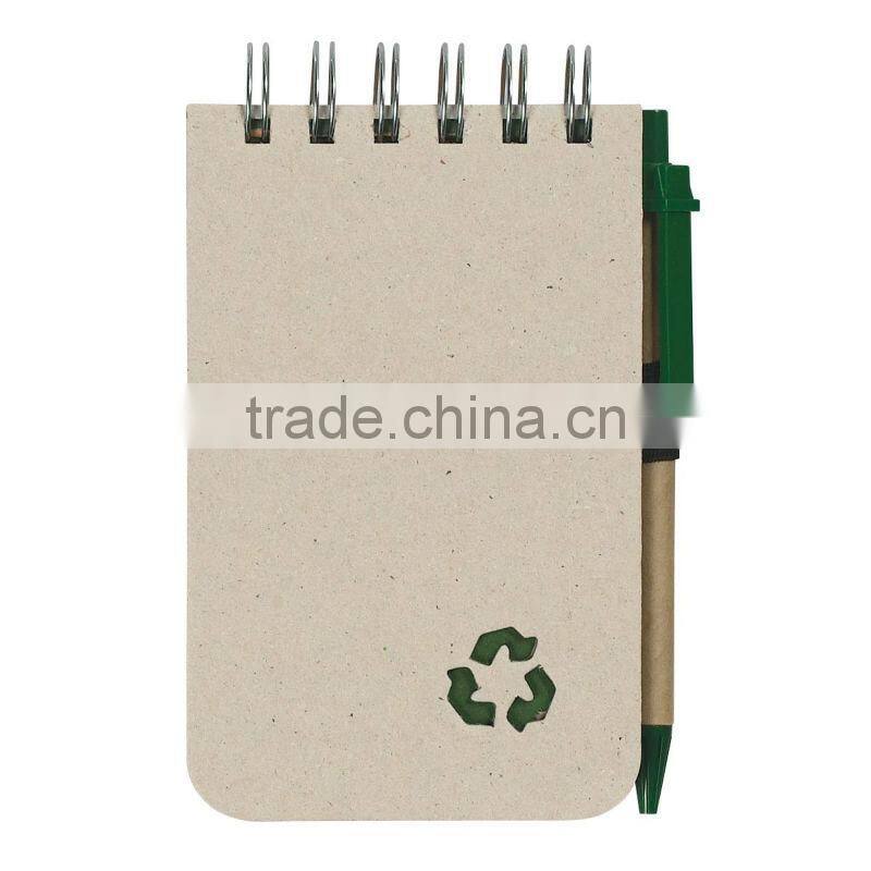 Hard kraft card cover spiral winding pocket recycle notebook 70grams 80sheets 8.5*12.5cm with paper pen and recycle logo cutout