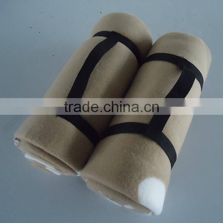 pp webbing handle attached portable polar fleece printed roll up blanket