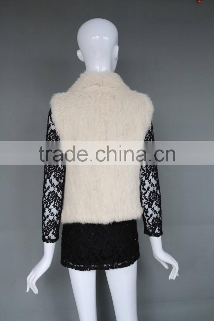 Classic style modern women warm soft rabbit fur knitted vest short with collar