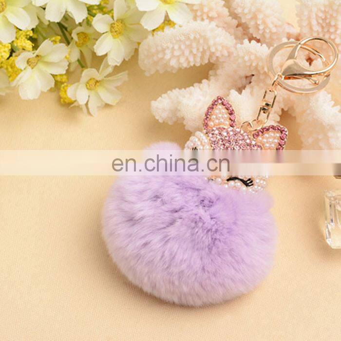 Diamond Animal With 8cm Real Rabbit Fur Pompom Keyring Key Chain