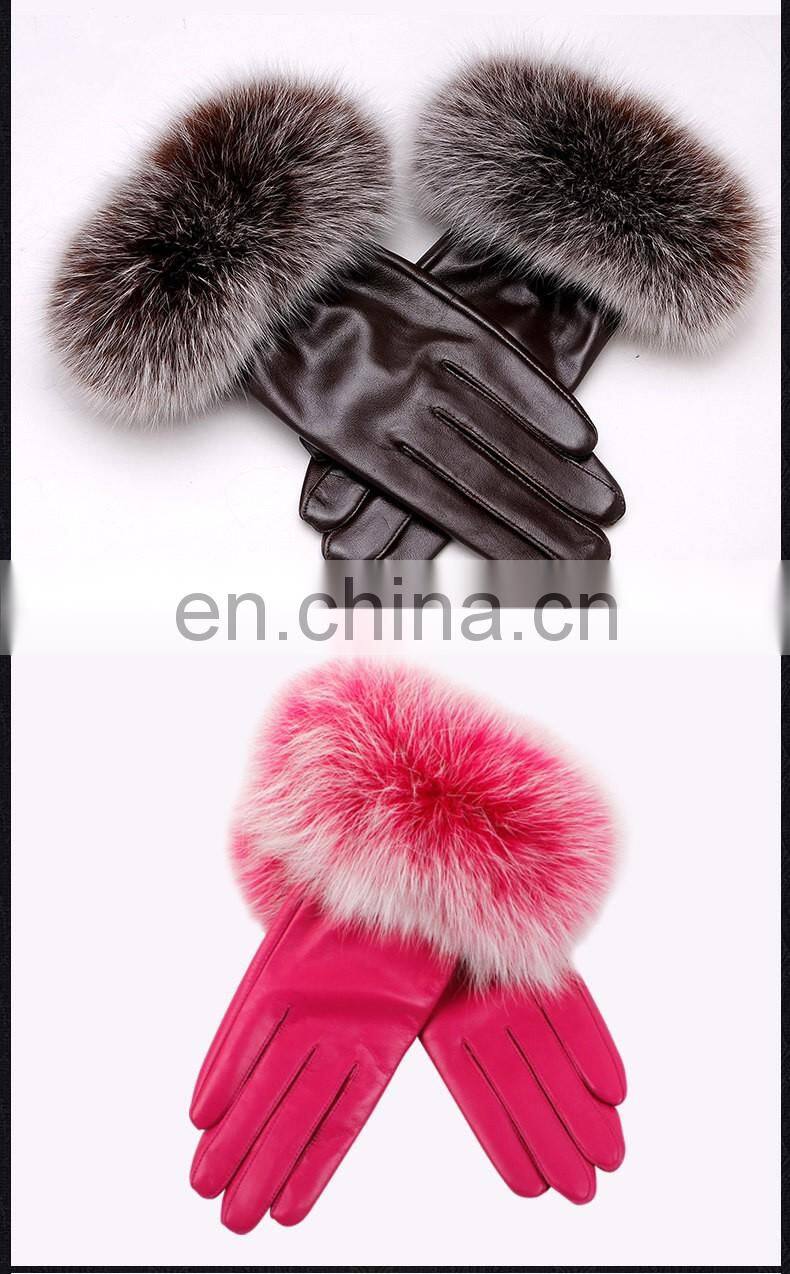 Genuine Sheepskin Leather Gloves Real Fox Fur Cuffs Gloves for Women Winter Leather Glove