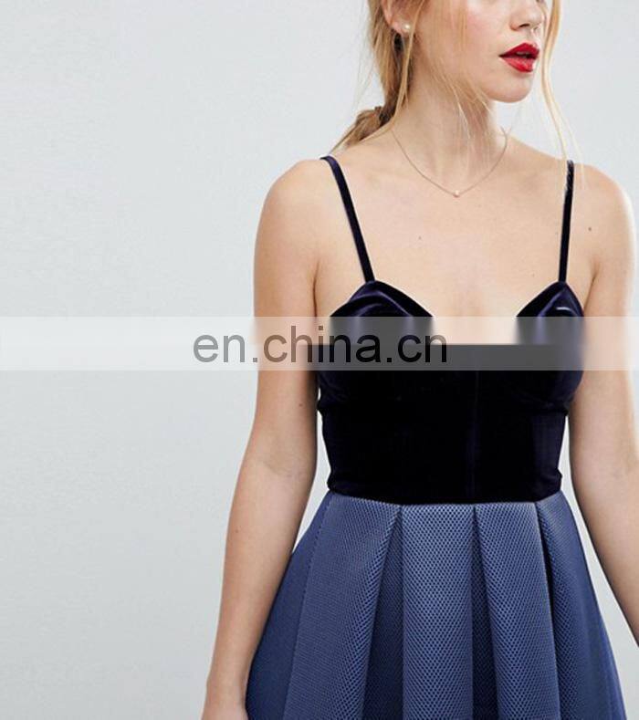 2018 Sexy Airtex Velvet Bodice Midi Strape Prom Women Dress