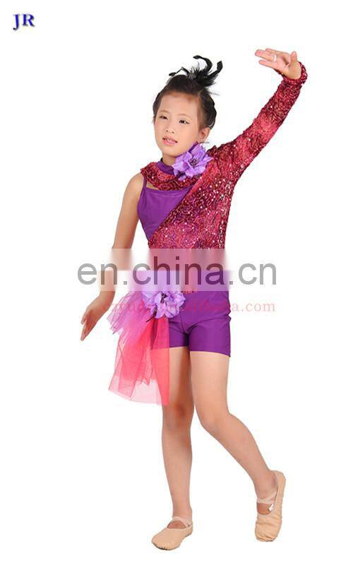Competition New designed chic shiny children jazz dance costume set with flower accessory ET-030#