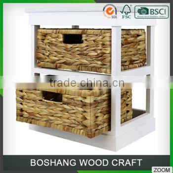 Small White Storage Wooden Cabinet with 2 Straw Weaved drawers