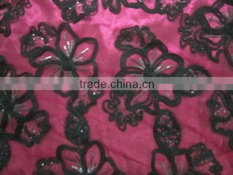 3MM Sequins Black Cord 6 Petals Pattern Mixed Embroidery Lace Fabric For Wedding Dress Mesh Free Sample for Designer