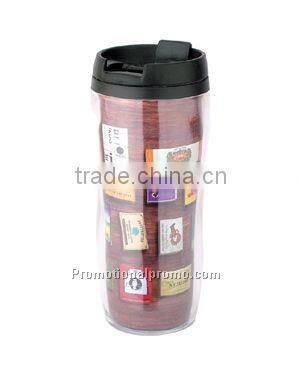 Double wall plastic travel mug with inserted colorful paper