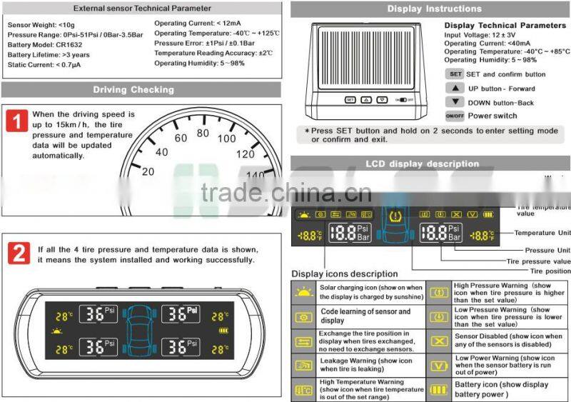 Solar TPMS easy for installation, Bar and Psi pressure unit optional with external sensor Auto Wireless Universal TPMS