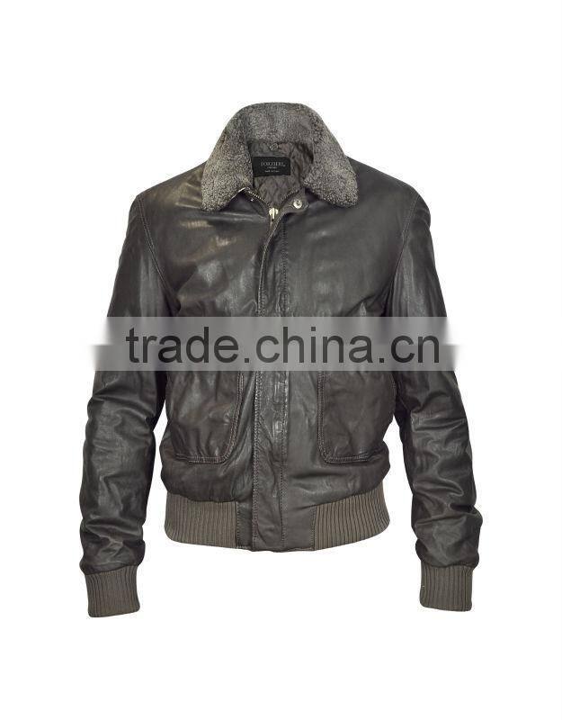 New!Dark Brown,Leather Bomber Jacket,Removable Sheepskin Collar!