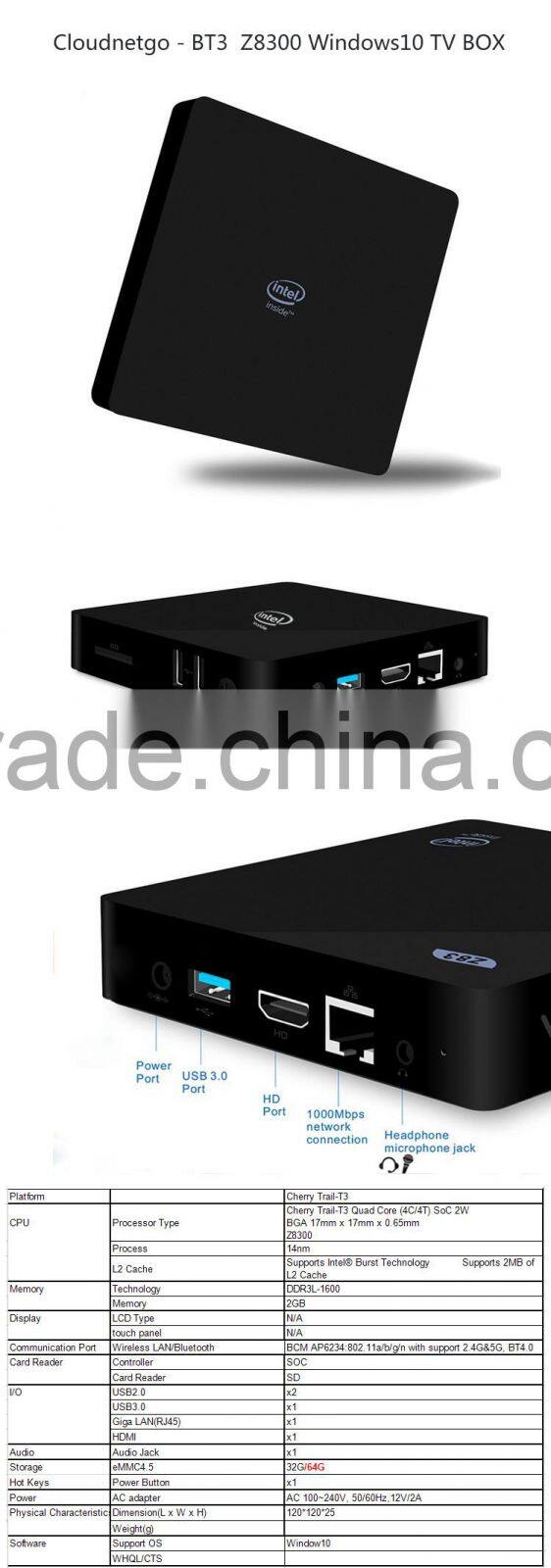 Cloudnetgo BT3 Z8300 Quad Core Intel mini pc 4G ROM windows tv box