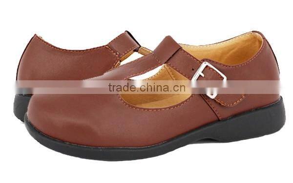 2016 High Quality OEM Buckle Black Leather School Shoes Girl with Rubber Sole