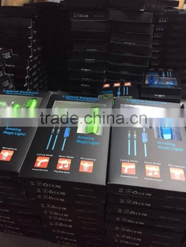 flat cable earphone with mic shiny earphone with led line