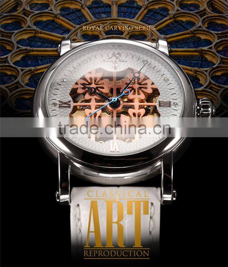 2015 Fashion Roman White Leather Band Skeleton Mechanical Automatic Men Watch