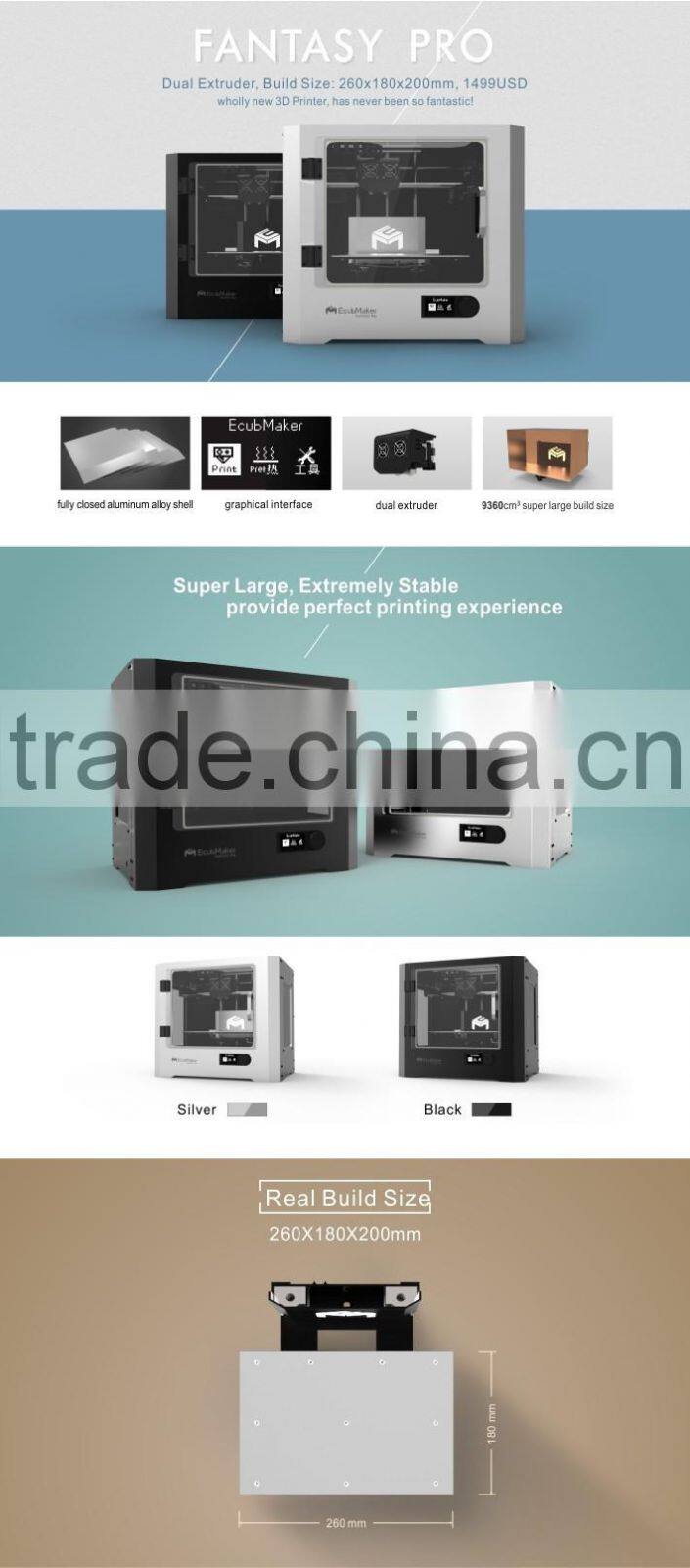 EcubMaker FANTASY Pro Dual Extruder Large 3D Metal Printer Kit Machine Price for Sale 260x180x200mm Soluble Support Filament