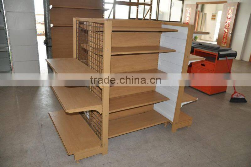 supermarket shelf with wire mesh sheet on both sides