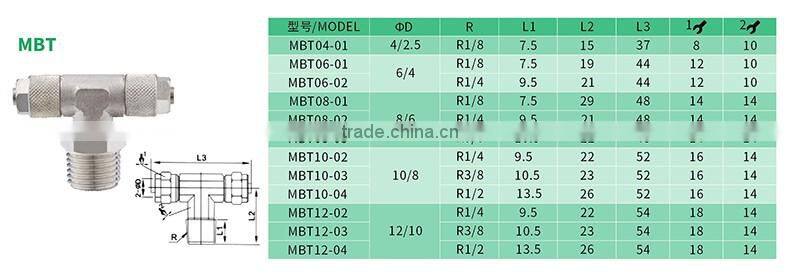 JULY factory hot sale brass pneumatic tee push lock tube fittings