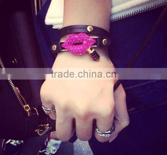 Double leather lips lipstick gem diamond bracelet