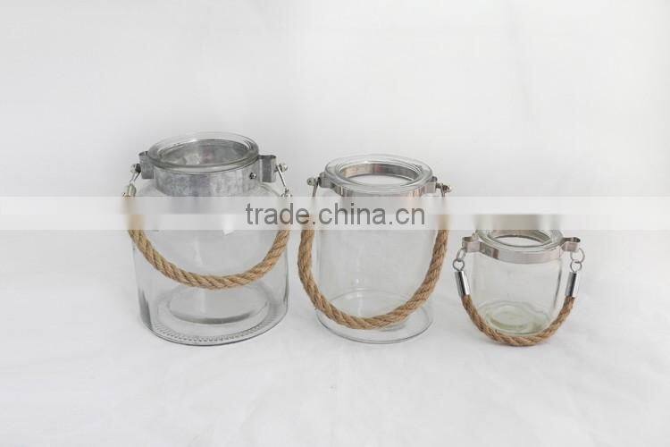 tall clear glass candle holders with hemp rope handle