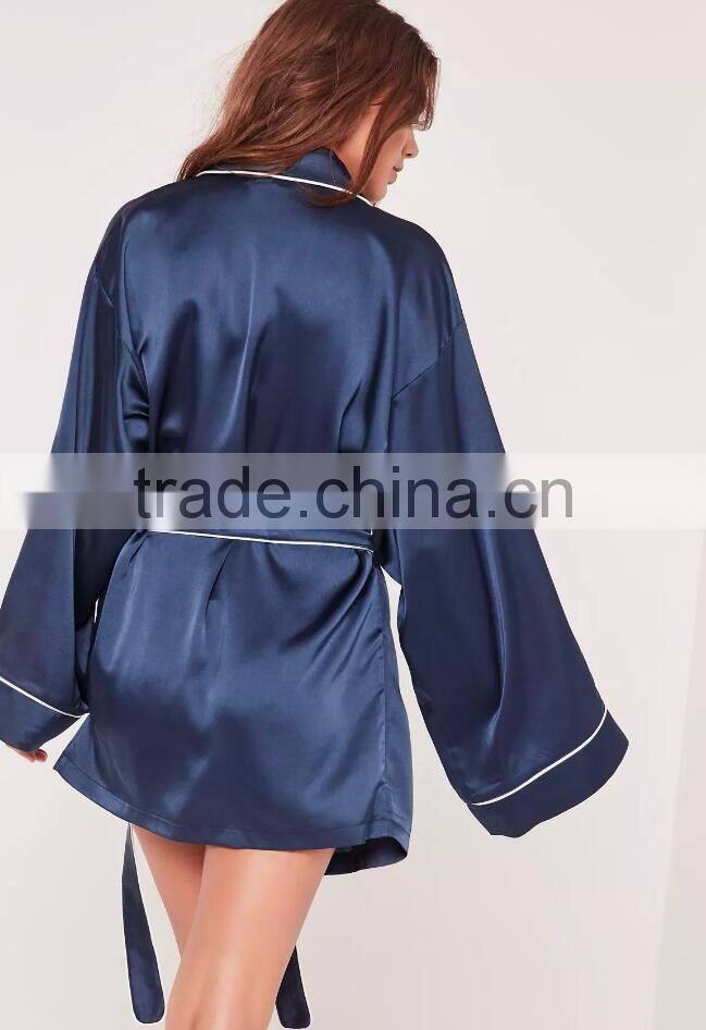 2017 New Arrival Pyjamas Kimono Silk Robe Navy Contrast Piping Embroidered Logo Shirt Dress With Tie Waist