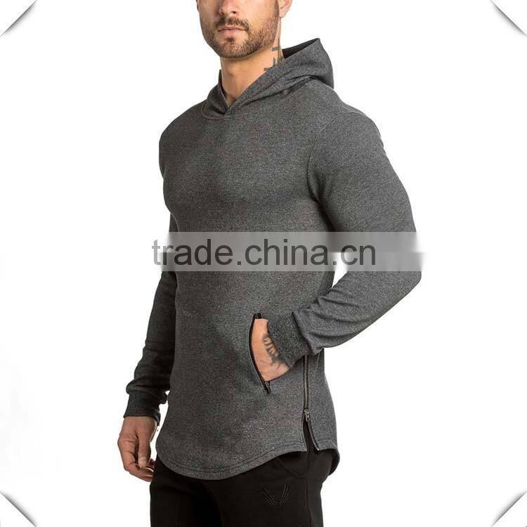 new fashion mens longline curved hem pullover hoodie with side zippers grey plain cotton elastane fleece fitness oem gym hoodie
