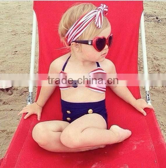 Blue and white stripes one piece suit baby swimwear with a bowknot