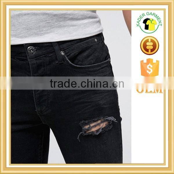 Hot sale mens distressed jeans quality skinny jeans black washed jeans
