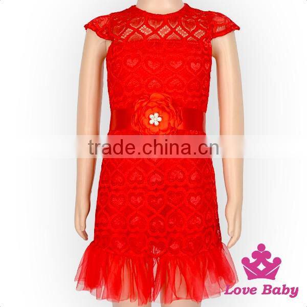 2017 New Design Children Party Red Lace Dress With Flower Belt Girl Skirt Vintage Lace Top Baby Frock
