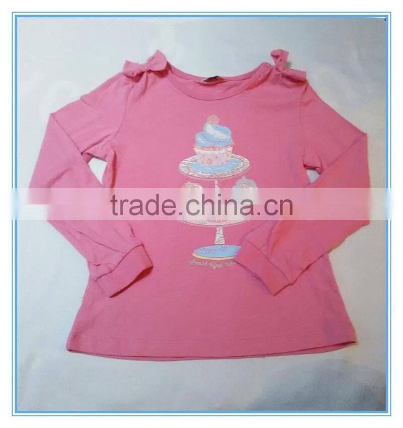 OEM cotton children girls long sleeve shirt, girls boutique t shirt with bowknot on shoulder