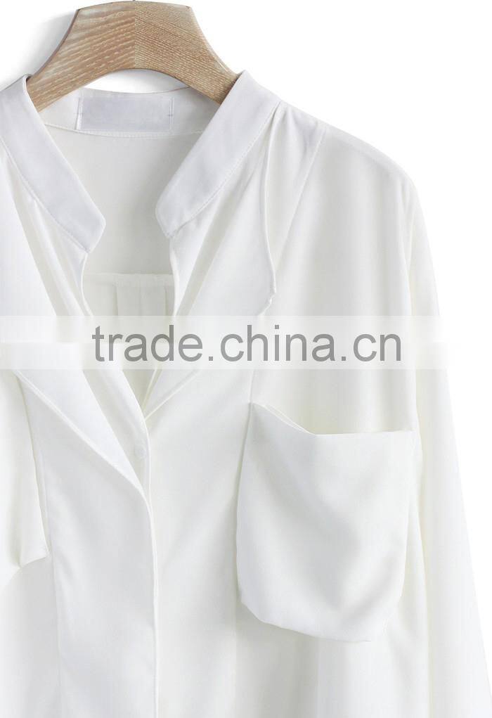 Women Suit Batwing Crepe Long Loose Shirt in White with Deep V Neckline White School Shirt