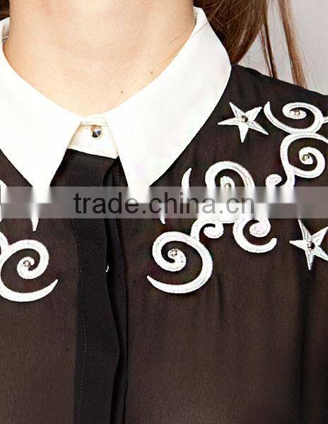 Star Black white contrast color restoring ancient ways hook flower stars embroidery long sleeve chiffon shirt