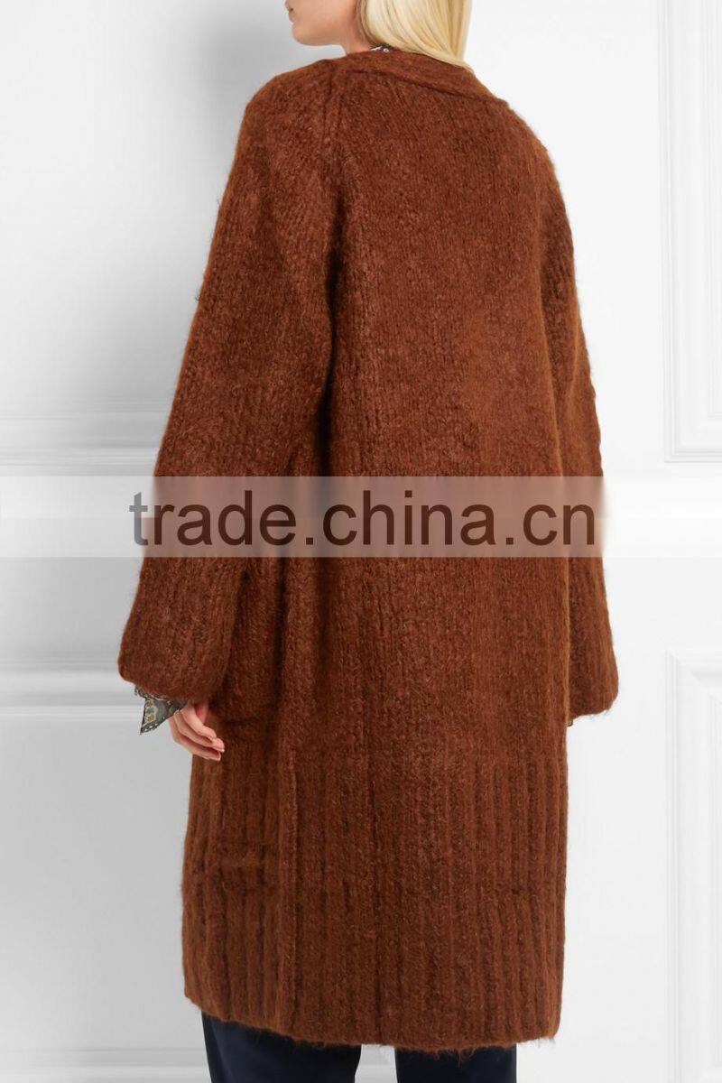 Knitwear Cardigan Manufacturers for Customed High Quality Dark Khaki Colored Cashmere Open Front Cardigan for Women