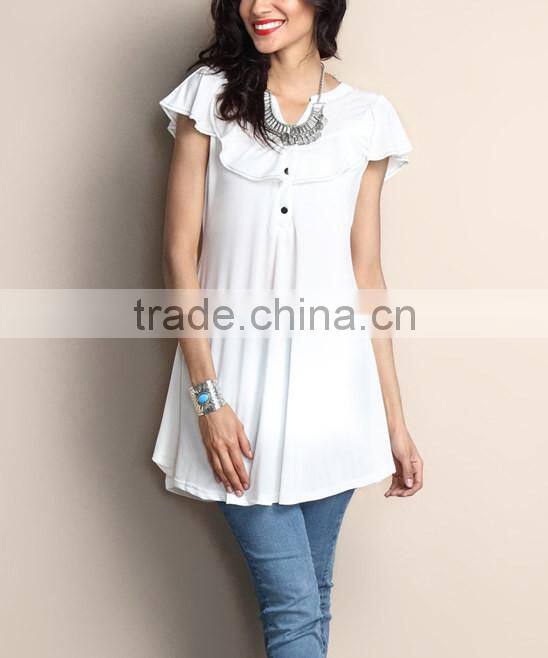 Hot Selling Women Blouse With White Ruffle Notch Neck Cap-Sleeve Tunic Women Tops Women Wear GD90426-8