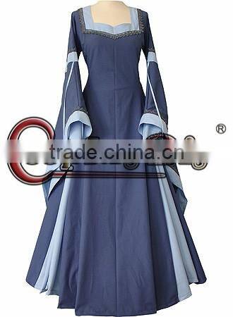 Custom Made Light Blue Medieval And Renaissance Dress With Trumpet Sleeves For Gothic And Fantasy Parties