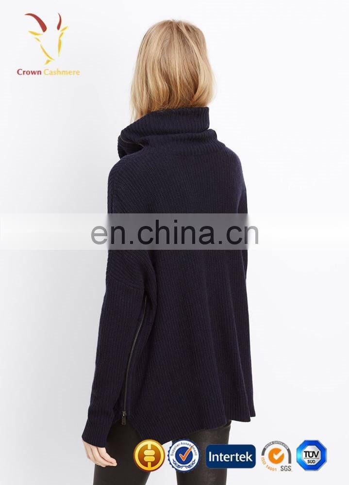 Oversized turtleneck pullover cashmere with side zipper for lady