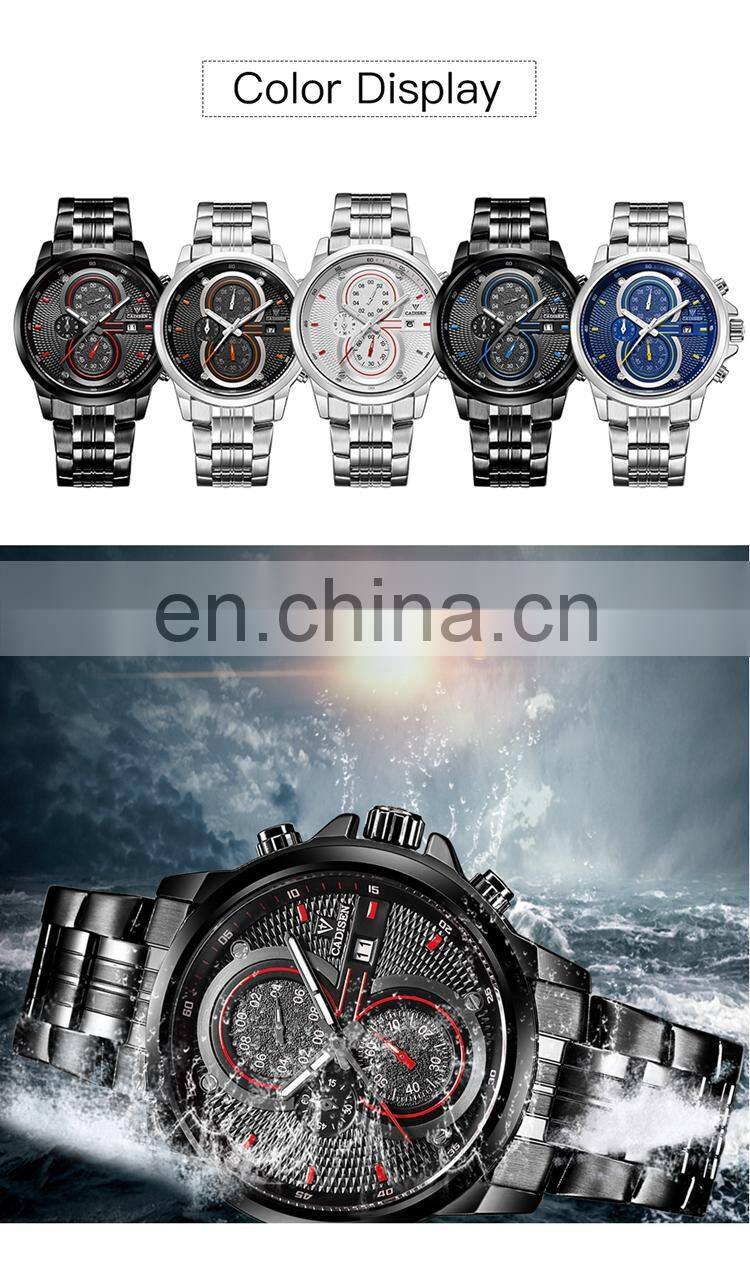 CADISEN 9054 Classic black metal stainless steel strap day showed quartz analog waterproof fashion watch man