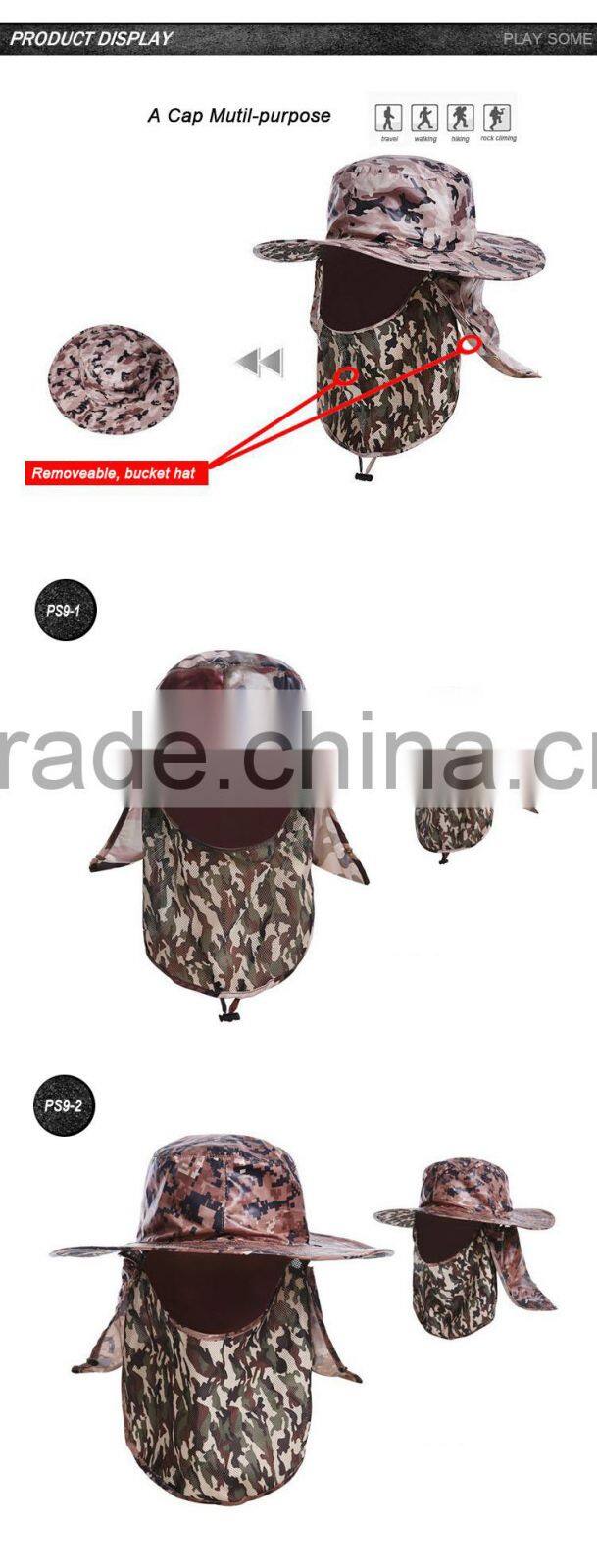 Fishing waterproof material face mask and neck shade wide brim custom camo bucket hat