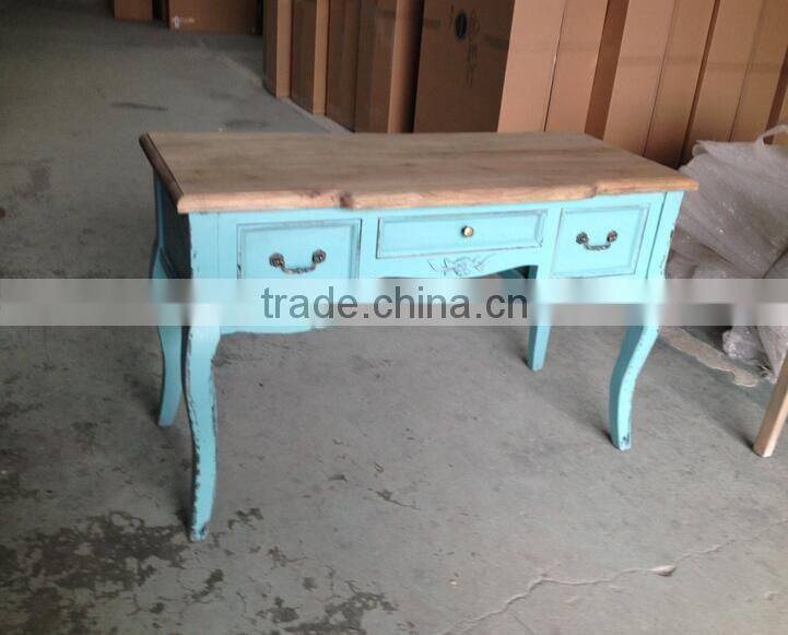 Rustic French Vintage Blue Wood Carved Entryway Console Table