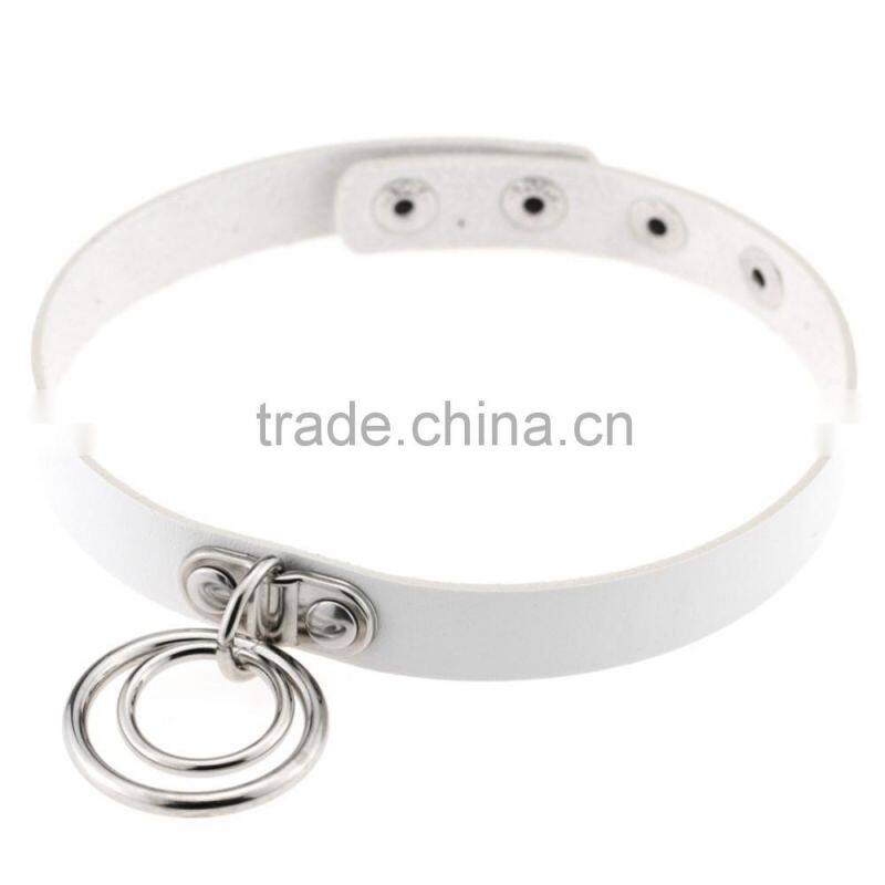 Fashion Handmade Punk Gothic Double O Shaped Metal Leather Button Jewelry Collar Choker Necklace