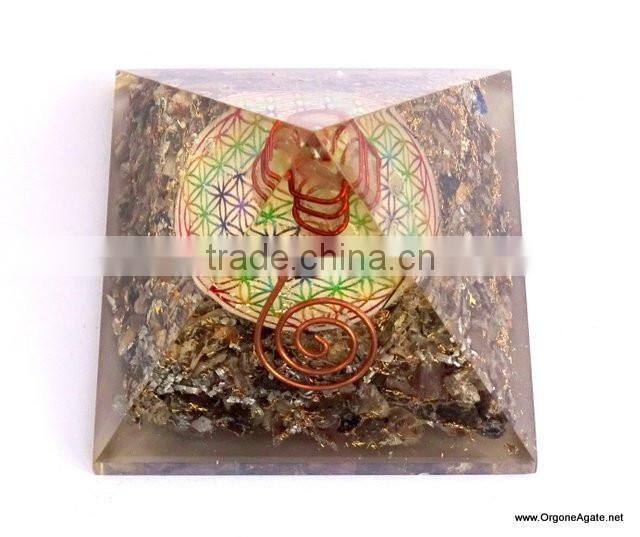 Big Orgone Energy Blue Aventurine Pyramid With Flower Of Life Symbol And Crystal Point | Flower Of Life Pyramid