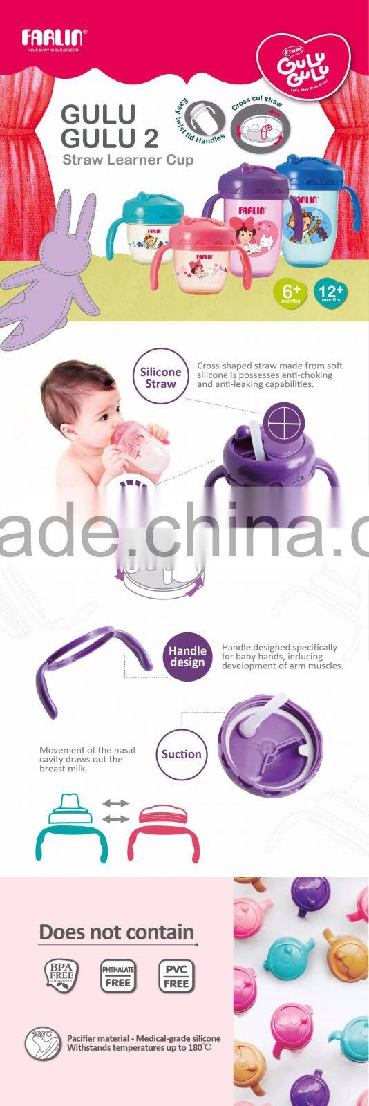 FARLIN GuLu GuLu2 BPA Free Water Cup with Handle and Straw 240ml Baby Sippy Cup Training Cup