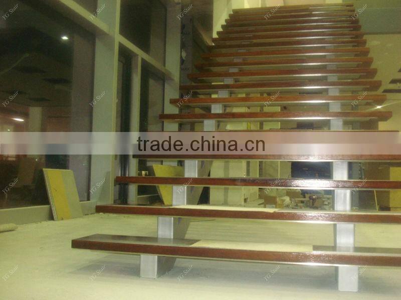 Indoor wood step straight staircase with glass railing
