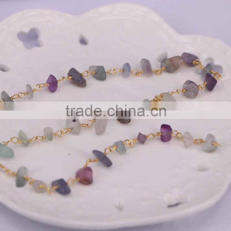 Natural Fluorite Nugget Quartz Chip Bead Rosary Chain, Gold plated Wire Wrapped Chain