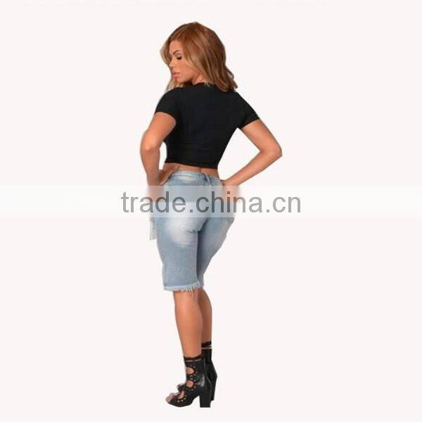 New summer ripped jeans elastic short denim pants plus-size