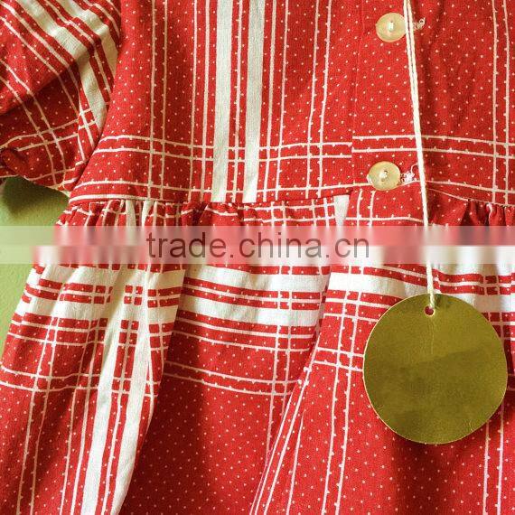 Hot sale lovely kids cotton clothes red plaid lace trim latest designs photos 2 year old baby girl dress