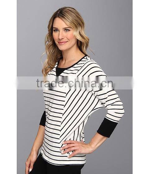 women white black stripe fleece scoop neckline with sweater-stitch at front three-quarter length dolman sleeves sweater fleece