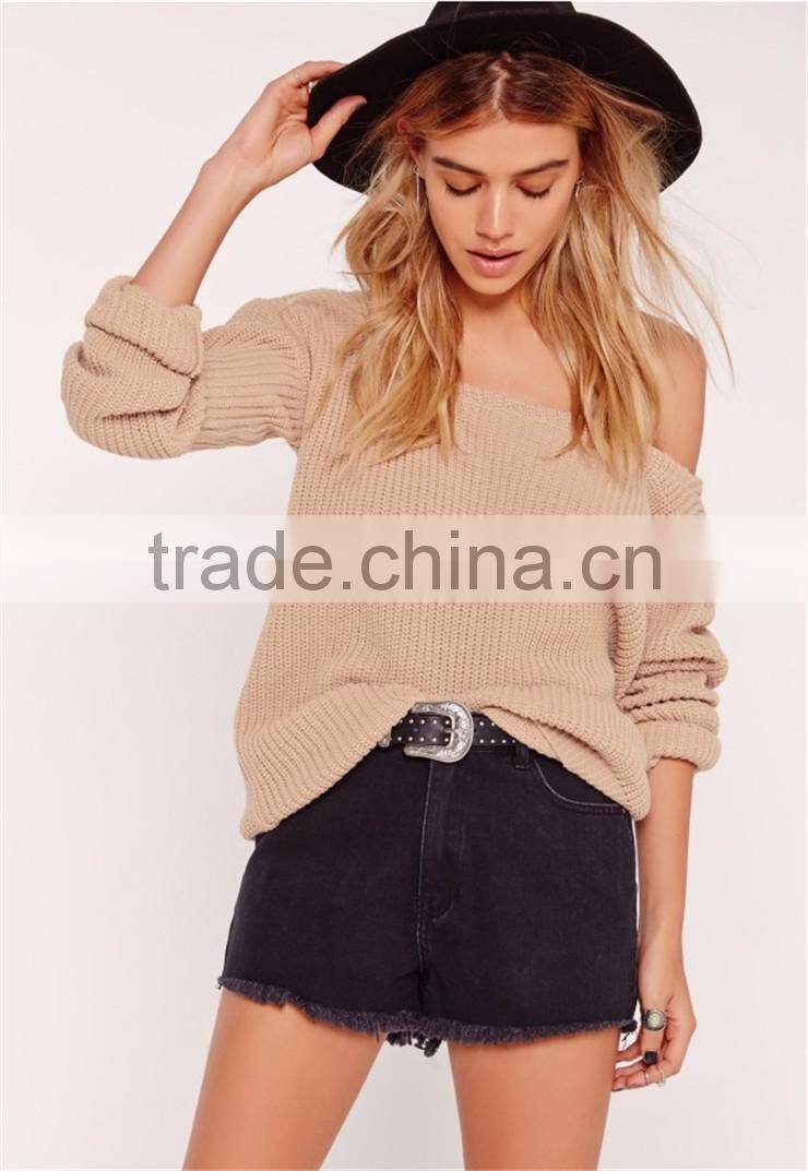 MGOO New Branding Women Oversized Loose Plain Sexy Off Shoulder Longline Knitted Jumper Camel Knitwear Private Label