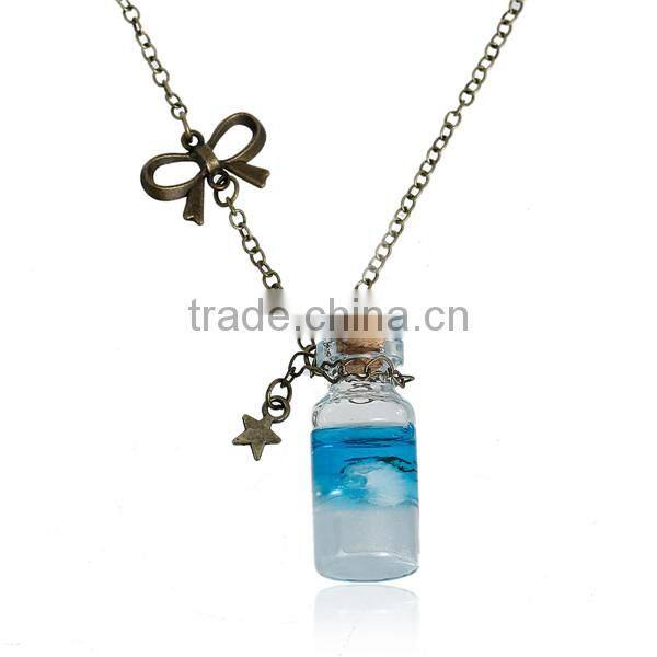 Antique Bronze Bowknot Drift Bottle Shaped Pendant Transparent With Dried Flower & Shell Glass Bottle Locket Necklace