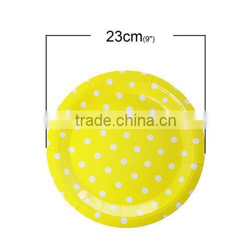 Yellow Dot Pattern Round Paper Food Plates 23.0cm