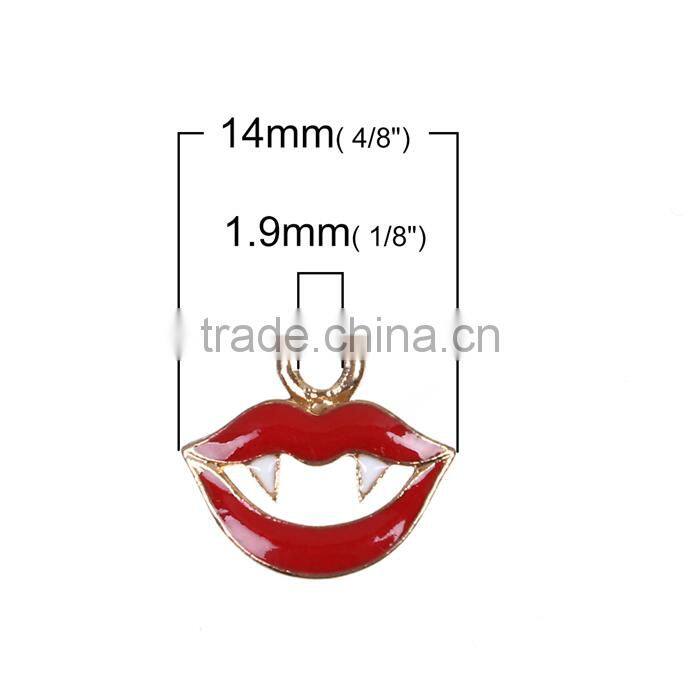 Zinc Based Alloy Halloween Charms Lip Gold Plated White & Red Enamel