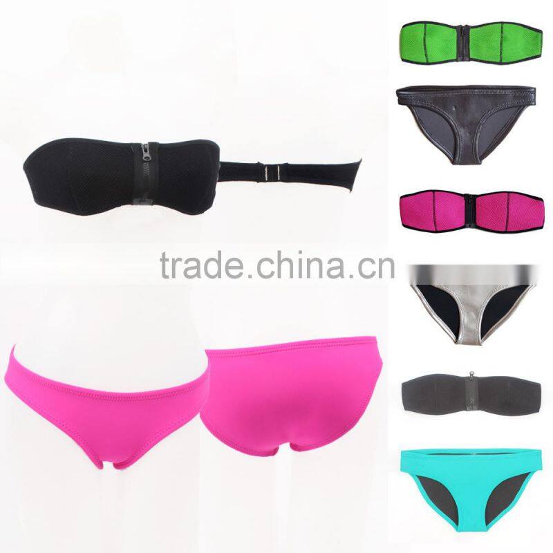 pink zipper neoprene fancy swimwear bikini/ yellow qiao black blue contrast neoprene bikini swimwear